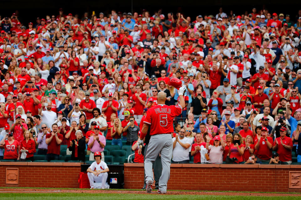 ST LOUIS, MO - JUNE 23: Albert Pujols #5 of the Los Angeles Angels of Anaheim acknowledges a standing ovation from the fans prior to batting against the St. Louis Cardinals at Busch Stadium on June 23, 2019 in St. Louis, Missouri. (Photo by Dilip Vishwanat/Getty Images)