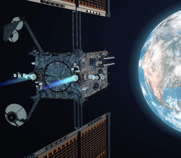 An artist’s conception shows the Gateway’s Power and Propulsion Element with its solar electric propulsion system in action. (Maxar / Business Wire Illustration)