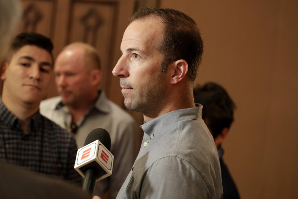 Los Angeles Angels general manager Billy Eppler speaks at a media availability during the Major League Baseball general managers annual meetings, Wednesday, Nov. 13, 2019, in Scottsdale, Ariz. (AP Photo/Matt York)