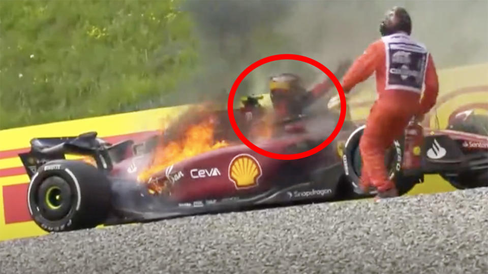 Carlos Sainz had to swiftly exit his Ferrari after it exploded and caught fire.