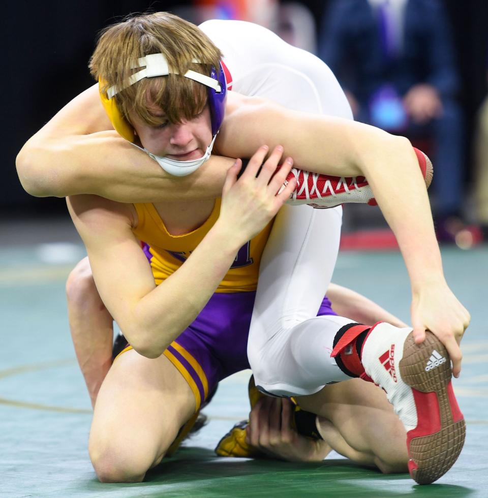 Watertown's Sloan Johannsen and Vermillion's Hayden Schroeder compete in the Class A 113-pound championship match at the State Wrestling Tournament on Friday, February 25, 2022, at the Denny Sanford Premier Center in Sioux Falls. Johannsen won 3-2.