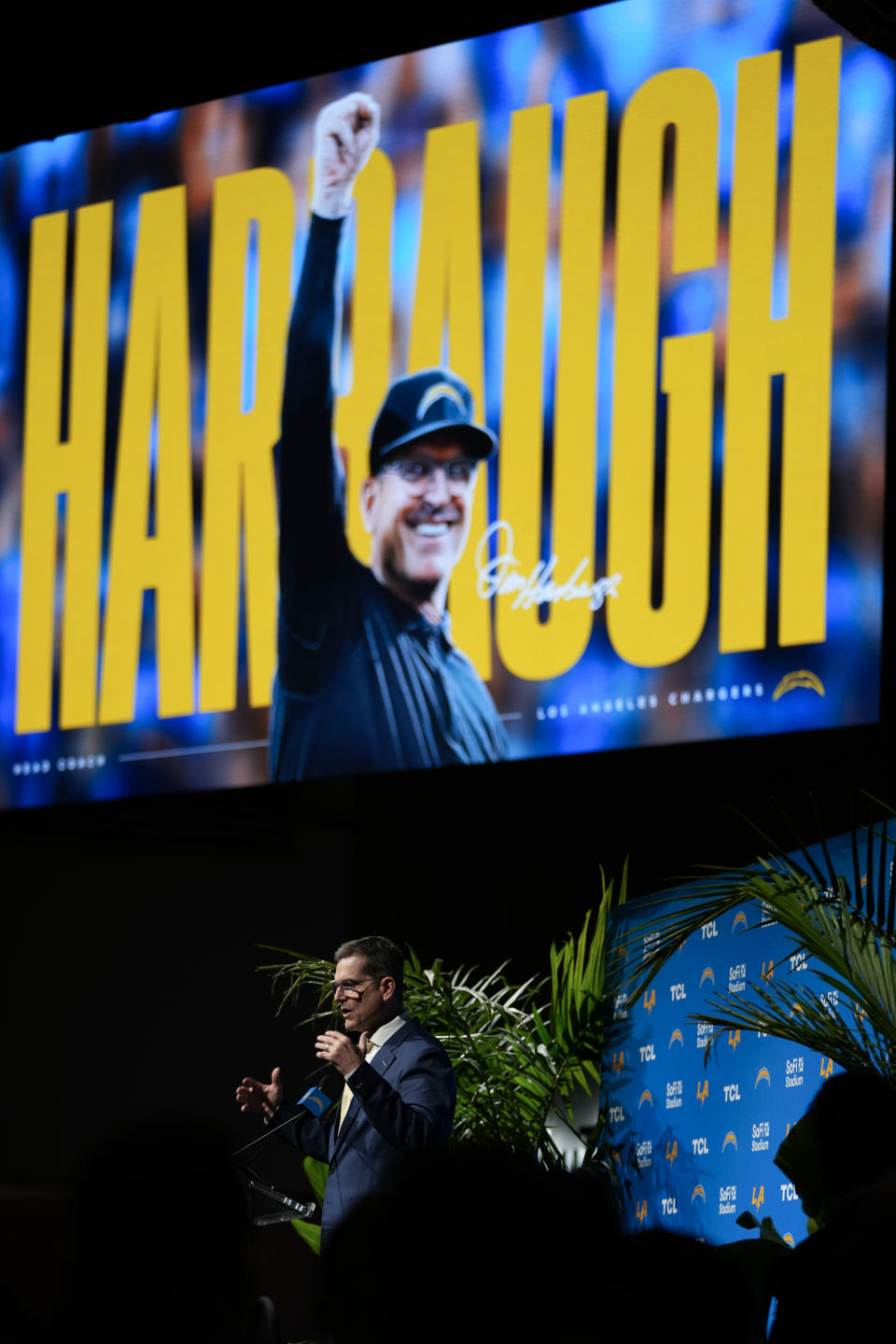 Jim Harbaugh speaks during a press conference introducing him as the new head coach of the Los Angeles Chargers NFL football team, Thursday, Feb. 1, 2024, in Inglewood, Calif. (AP Photo/Ashley Landis)