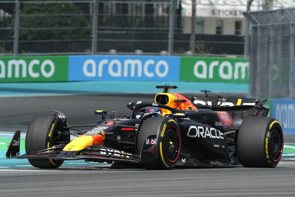 Red Bull driver Max Verstappen, of the Netherlands, steers his car during the Miami Formula One Grand Prix auto race Sunday, May 5, 2024, in Miami Gardens, Fla. (AP Photo/Wilfredo Lee)
