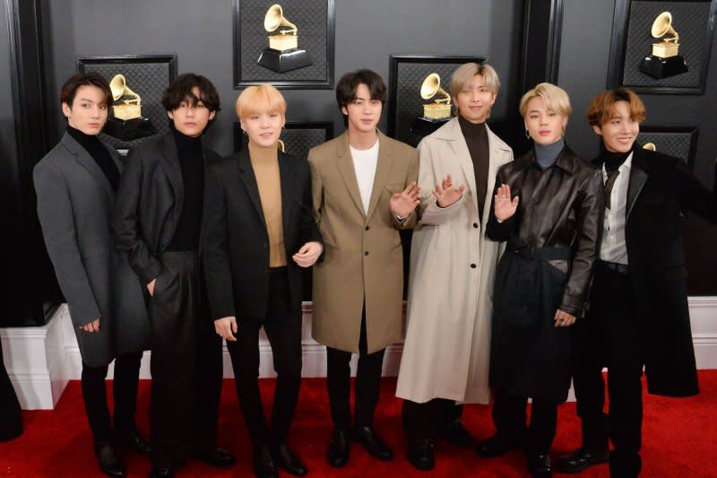 BTS attends the Grammy Awards in 2020. File Photo by Jim Ruymen/UPI