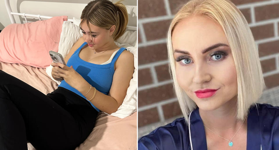 Teenage girl on phone wearing blue top and picture on woman with blonde hair. 