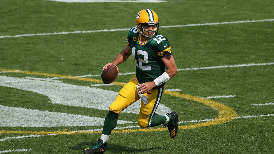 GREEN BAY, WISCONSIN - SEPTEMBER 20: Aaron Rodgers #12 of the Green Bay Packers drops back to pass in the third quarter against the Detroit Lions at Lambeau Field on September 20, 2020 in Green Bay, Wisconsin. (Photo by Dylan Buell/Getty Images)