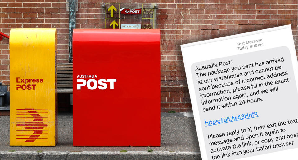 Australia Post letter boxes inset with a scam text message. 