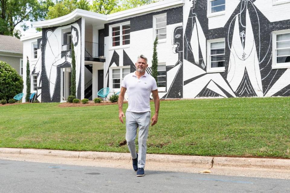 James Funderburk (shown) and his husband, Jim Hock, turned 510 Queens Road into an art-forward apartment building, where you can rent a one-bedroom for a night, for a year, or anytime in between. The exterior features a mural by Nico Amortegui.