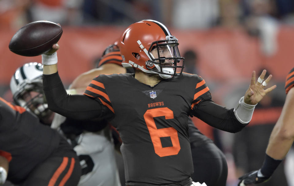 Cleveland Browns quarterback Baker Mayfield gave his team a big boost off the bench against the Jets. (AP)