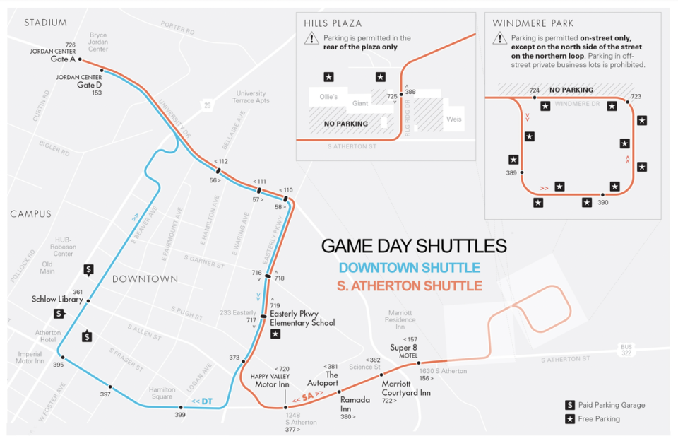 Two CATA shuttle loops service downtown State College and South Atherton Street before and after every Penn State home football game.