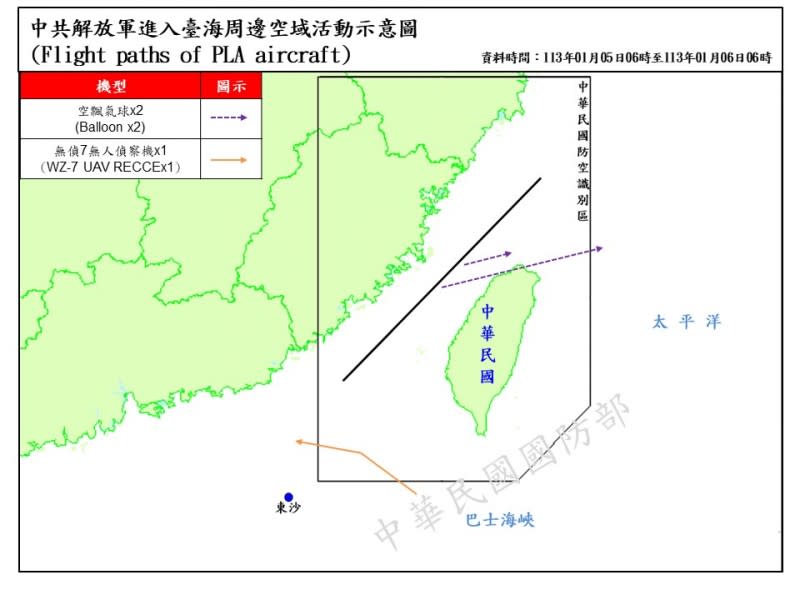 <cite>20240106-國防部發6日布解放軍餘台海周邊海、空域活動示意圖。（國防部提供）</cite>