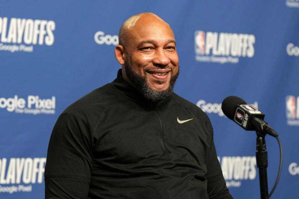 Lakers coach Darvin Ham smiles at a news conference, after the Lakers won Game 4 over the Warriors to take a 3-1 series lead in the conference semifinals at Crypto.com Arena, May 8, 2023 in Los Angeles.