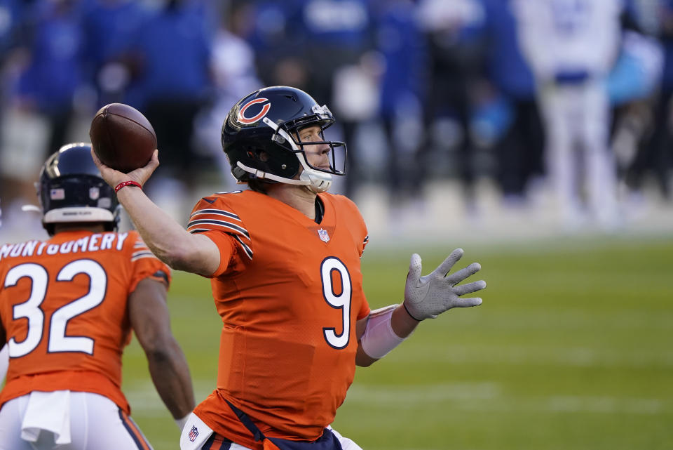 Chicago Bears quarterback Nick Foles throws a pass during the second half of the team's NFL football game against the Indianapolis Colts, Sunday, Oct. 4, 2020, in Chicago. (AP Photo/Nam Y. Huh)