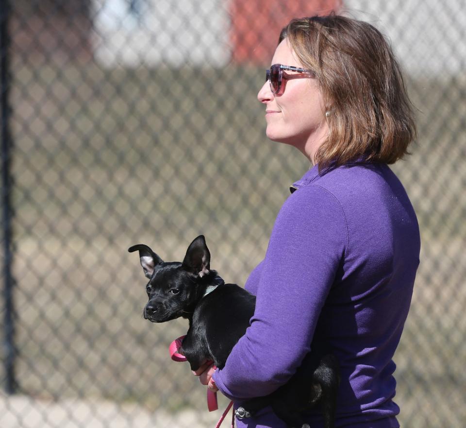 Audra Simpson, owner of the Red Barn Inn at 421 Alfred Road, holds her dog while on a site walk with the Site Plan Review Board of Kennebunk.