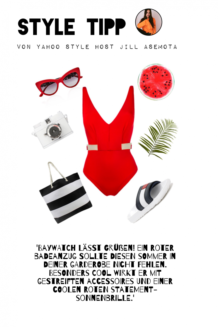 Style Tipp 4 (Roter Badeanzug von Moeva rund 350 EUR, gestreifte Strandtasche über Luxurydivas.com rund 24 EUR, Pool Slipper von Tommy Hilfiger rund 34 EUR, rote Sonnenbrille von D&G rund 300 EUR, Lomography Diana Mini Kamera über Nordstrom.com rund 62 EUR)