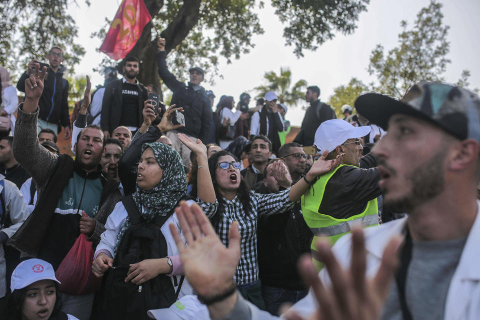 Teachers chant slogans during a demonstration in Rabat, Morocco, Wednesday, Feb. 20, 2019. Moroccan police fired water cannons at protesting teachers who were marching toward a royal palace and beat people with truncheons amid demonstrations around the capital Wednesday. (AP Photo/Mosa'ab Elshamy)