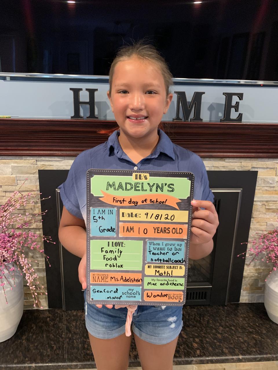 Madelyn Burgess enters fifth grade at Seaford Manor School. Her favorite part of school is seeing her teacher and friends.