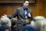 At the state Capitol in Bismarck, North Dakota on 3-4-2021, Rep. Luke Simons, R-Dickinson, speaks to members of the House to plead his case against his expulsion from the chamber due to accusations of workplace harassment and sexual harassment over the course of four years, Thursday, March 4, 2021. The members voted 69-25 to expel Simons from the legislature. (Mike McCleary/The Bismarck Tribune via AP)