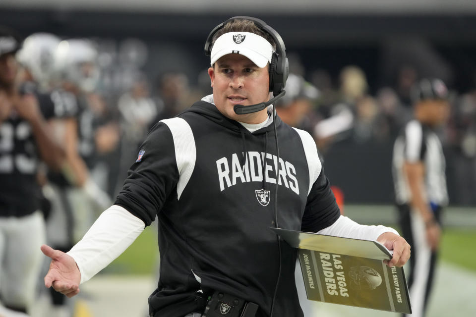 Las Vegas Raiders head coach Josh McDaniels watches during the second half of an NFL preseason football game, Sunday, Aug. 14, 2022, in Las Vegas. (AP Photo/Rick Scuteri)