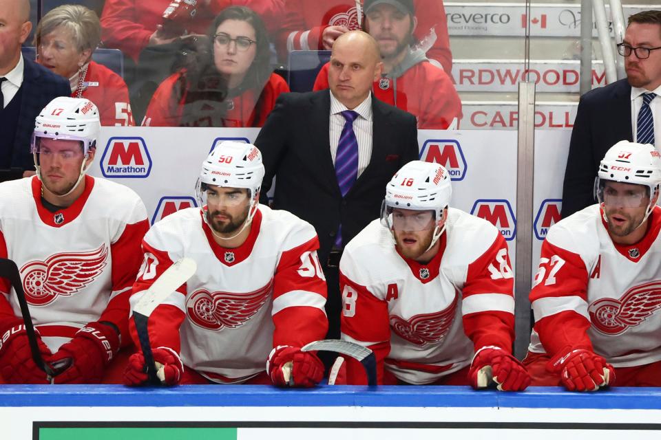 Red Wings coach Derek Lalonde looks on during the third period of the Wings' 5-3 win on Tuesday, Dec. 5, 2023, in Buffalo, New York.