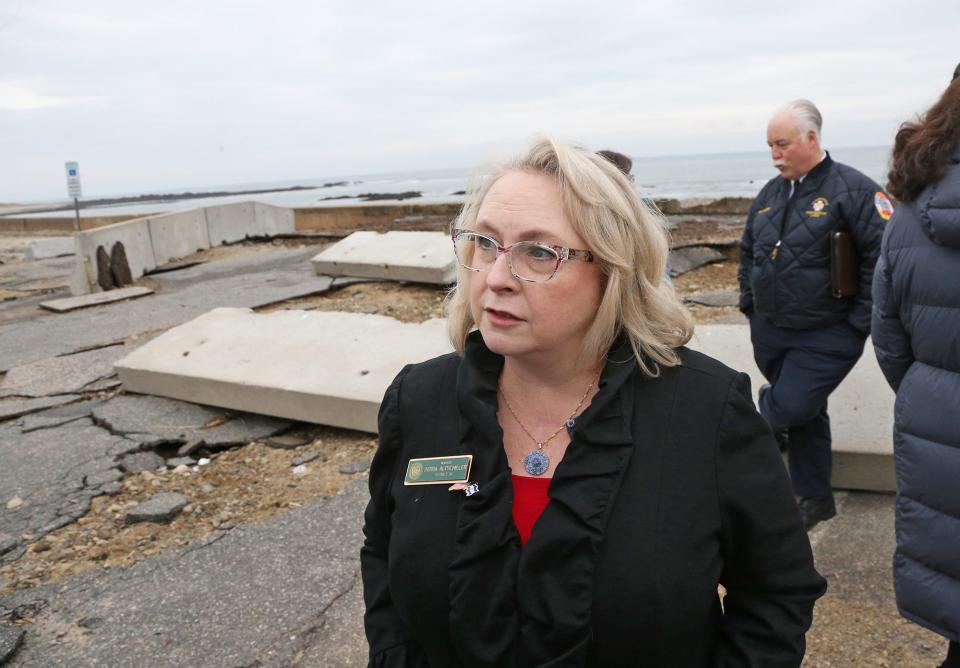 New Hampshire state Sen. Debra Altschiller, D-Stratham, who serves District 24 towns on the Seacoast, stops at areas damaged by storms in January during a tour Friday, Feb. 2, 2024.