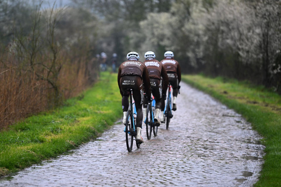 ROUBAIX FRANCE  APRIL 06 Riders detail view of Ag2R Citron Team during the ParisRoubaix 2023 Training Day 1  UCIWT  on April 06 2023 in Roubaix France Photo by Luc ClaessenGetty Images