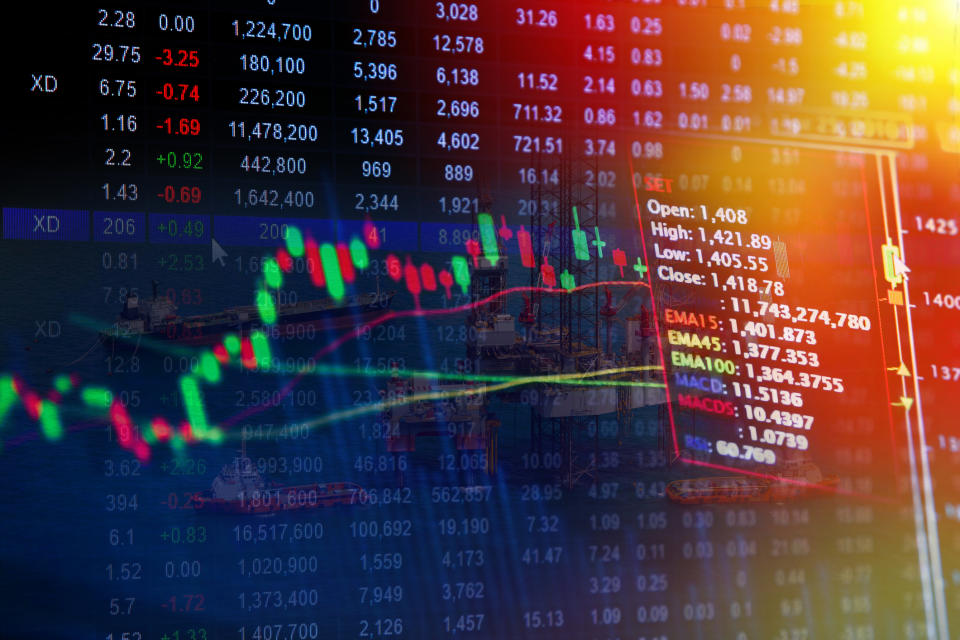 Colorful montage of a stock graph and columns of numbers.