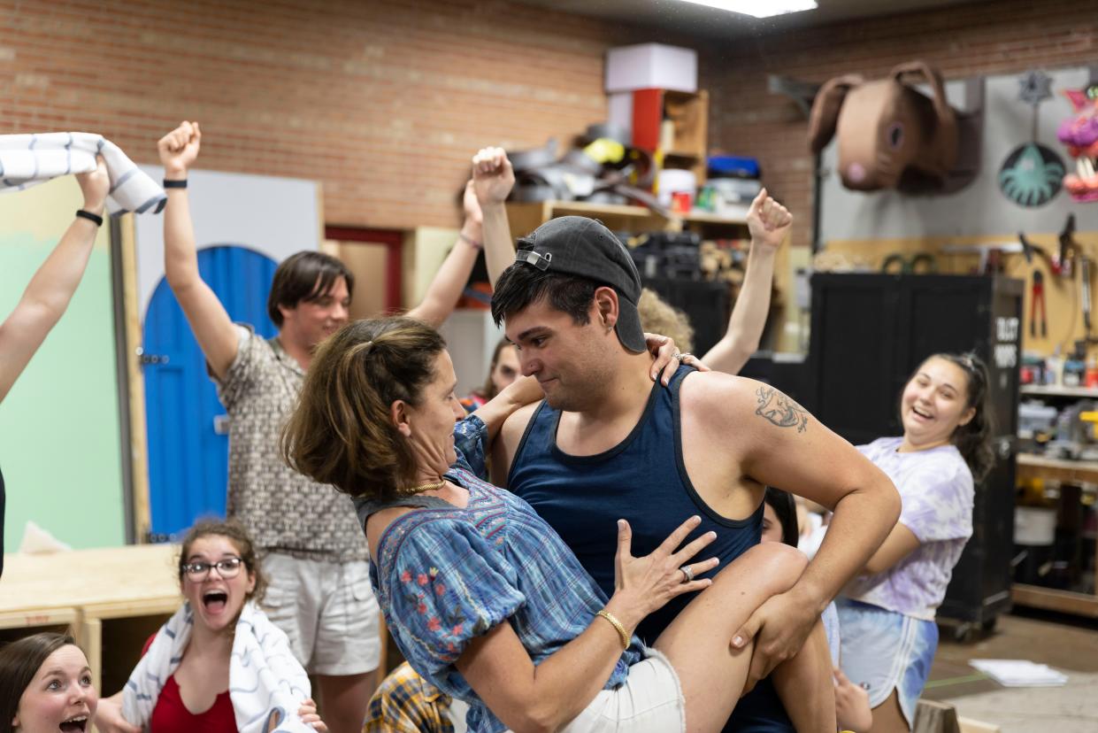 Bekki Kuber and Cody Lindau rehearse their roles as supporting characters Tanya and Pepper in Fond du Lac Community Theatre's upcoming performance of "Mamma Mia!"