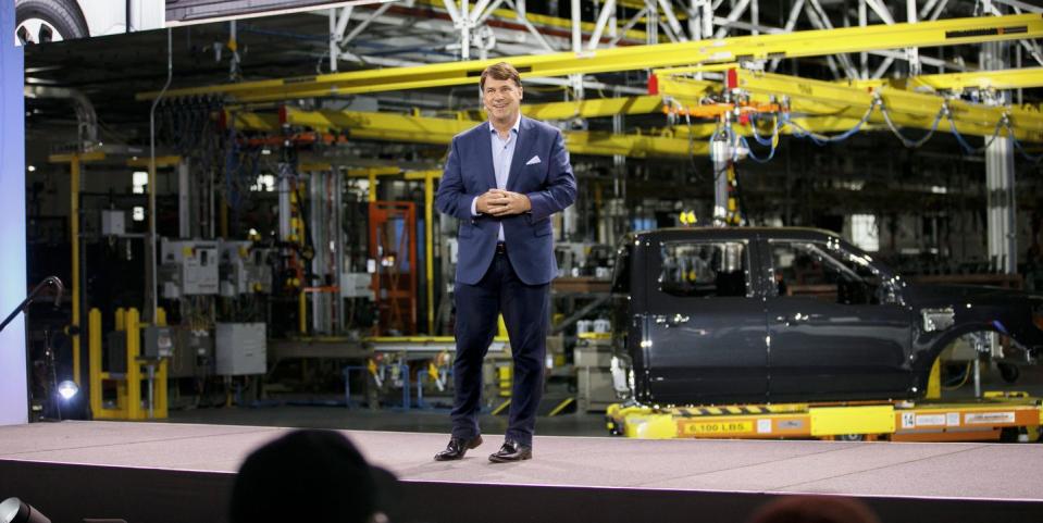 ford president and ceo jim farley speaks at the launch event for the ford f 150 lightning at the rouge electric vehicle center in dearborn, michigan on tuesday, april 26, 2022 due to high demand, the current model year is no longer available for retail order contact your dealer for more information