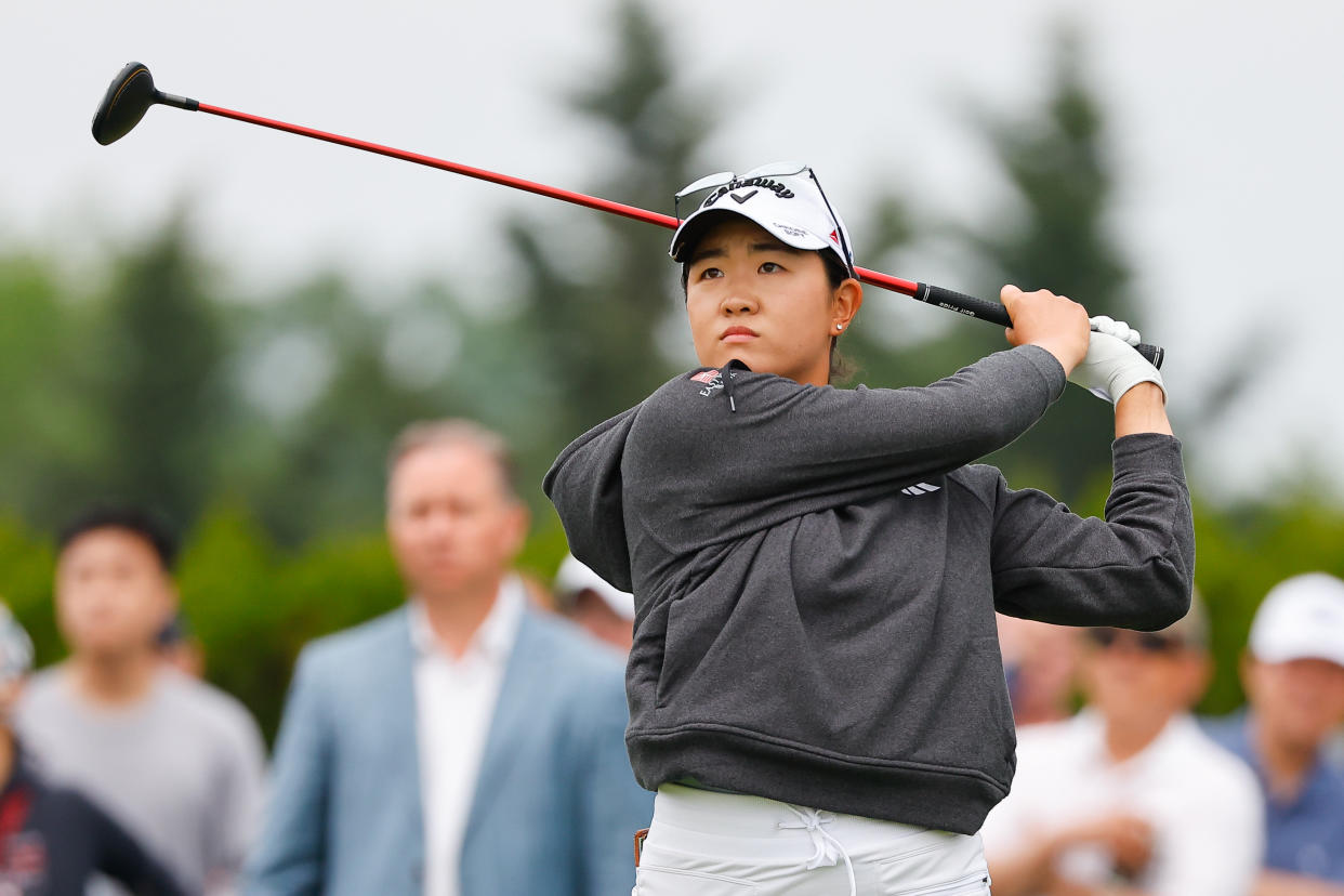JERSEY CITY, NJ - JUNE 03:  Rose Zhang of the United States tees off at the first hole during the third round of the LPGA Mizuho Americas Open at Liberty National Golf Club on June 3, 2023 in Jersey City, New Jersey.  (Photo by Rich Graessle/Icon Sportswire via Getty Images)