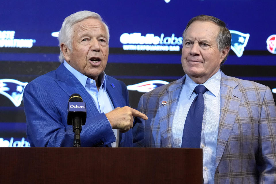 New England Patriots team owner Robert Kraft, left, and former Patriots head coach Bill Belichick stand together during an NFL football news conference, Thursday, Jan. 11, 2024, in Foxborough, Mass., to announce that Belichick, a six-time NFL champion, has agreed to part ways with the team. (AP Photo/Steven Senne)