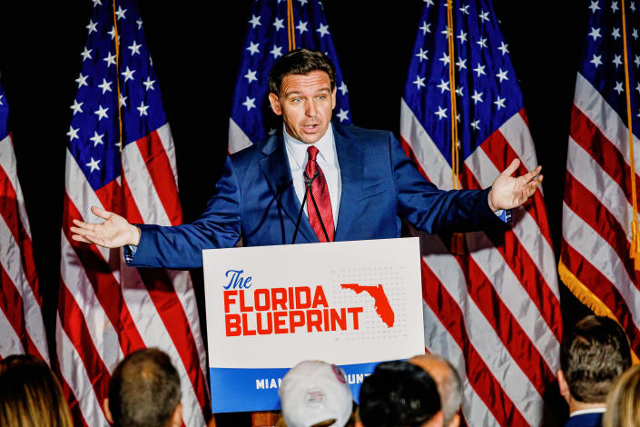 Gov. Ron DeSantis speaks at an event in Doral, Fla., on March 1, 2023. (Haiyun Jiang/The New York Times)