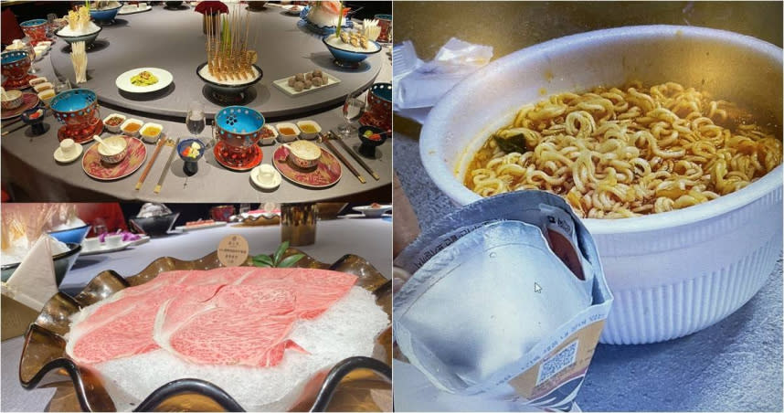 導演新海誠在中國大陸被款待吃和牛及豪華海鮮大餐（左），但在韓國卻被招待吃泡麵（右）。（圖／翻攝新海誠推特)
