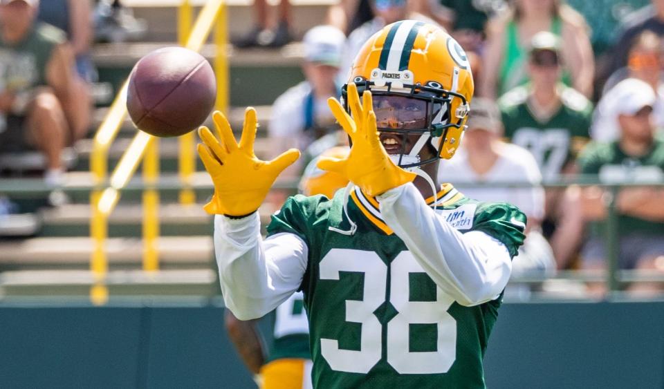 Green Bay Packers safety <a class="link " href="https://sports.yahoo.com/nfl/players/33377" data-i13n="sec:content-canvas;subsec:anchor_text;elm:context_link" data-ylk="slk:Innis Gaines;sec:content-canvas;subsec:anchor_text;elm:context_link;itc:0">Innis Gaines</a> (38) practices during the second day of the team’s 2023 training camp on Thursday, July 27, 2023, at Ray Nitschke Field in Green Bay, Wis. Seeger Gray/USA TODAY NETWORK-Wisconsin