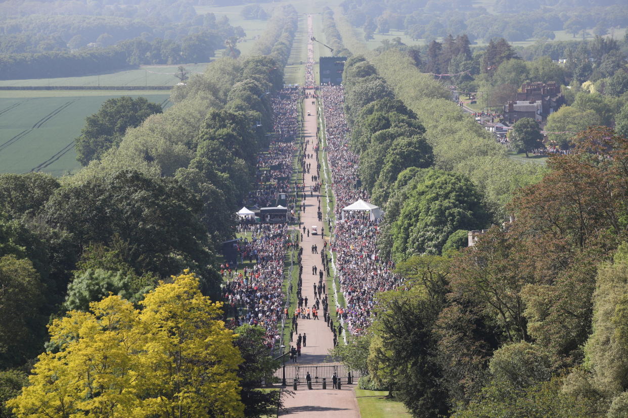 The view along the Long Walk as spectators gather ahead of the wedding of Prince Harry and Meghan Markle at Windsor Castle on May 19. (Photo: Yui Mok- WPA Pool/Getty Images)