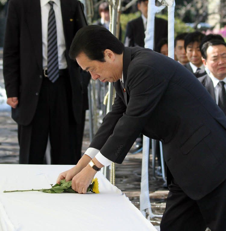 Former Japanese Prime Minister Naoto Kan is pictured at the Chidorigafuchi cemetery for the war dead in Tokyo on February 15, 2011. Kan launched a three-year project in 2010 to find remains on Iwoto island, the site of one of bloodiest battles at the end of the war