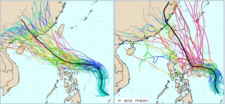最新(19日20時)歐洲系集模式模擬(左圖)，系集最右觸及台灣，最左成員則進入南海。美國系集模式模擬(右圖)則大幅調整為，系集平均路徑通過台灣，但各別系集成員非常分散。圖擷自weathernerds.org