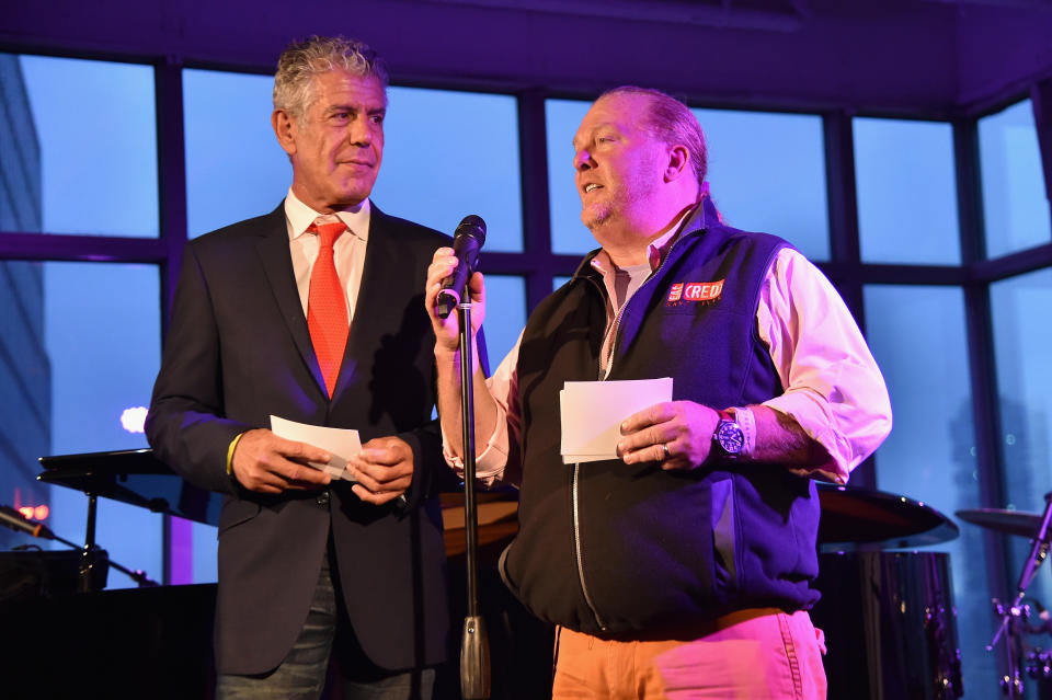 Anthony Bourdain and Mario Batali speak onstage at The Red Supper they cohosted on June 2, 2016.&nbsp; (Photo: Mike Coppola via Getty Images)