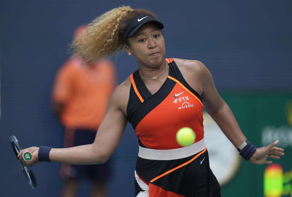 Naomi Osaka, pictured here in action against Angelique Kerber at the Miami Open.