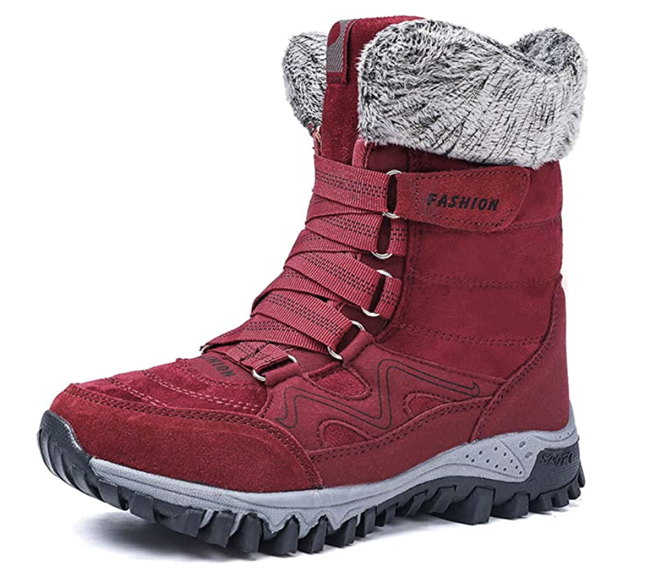 Women's Fur-Lined Snow Boots in red suede and grey fur  (Photo via Amazon)