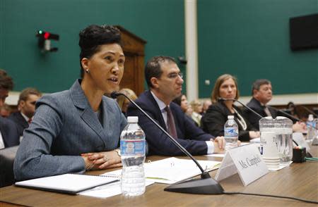 (L-R) Cheryl Campbell, Senior Vice President of CGI Federal; Andrew Slavitt, Executive Vice President for Optum/QSSI; Lynn Spellecy, corporate counsel for Equifax Workforce Solutions and John Lau, program director for Serco are pictured at a House Energy and Commerce Committee hearing on the Patient Protection and Affordable Care Act on Capitol Hill in Washington, October 24, 2013. REUTERS/Jason Reed