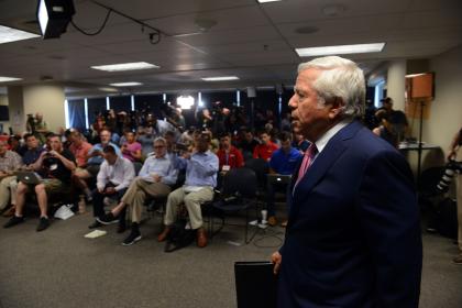 Robert Kraft prepares to speak at a press conference at Gillette Stadium. (Getty Images)