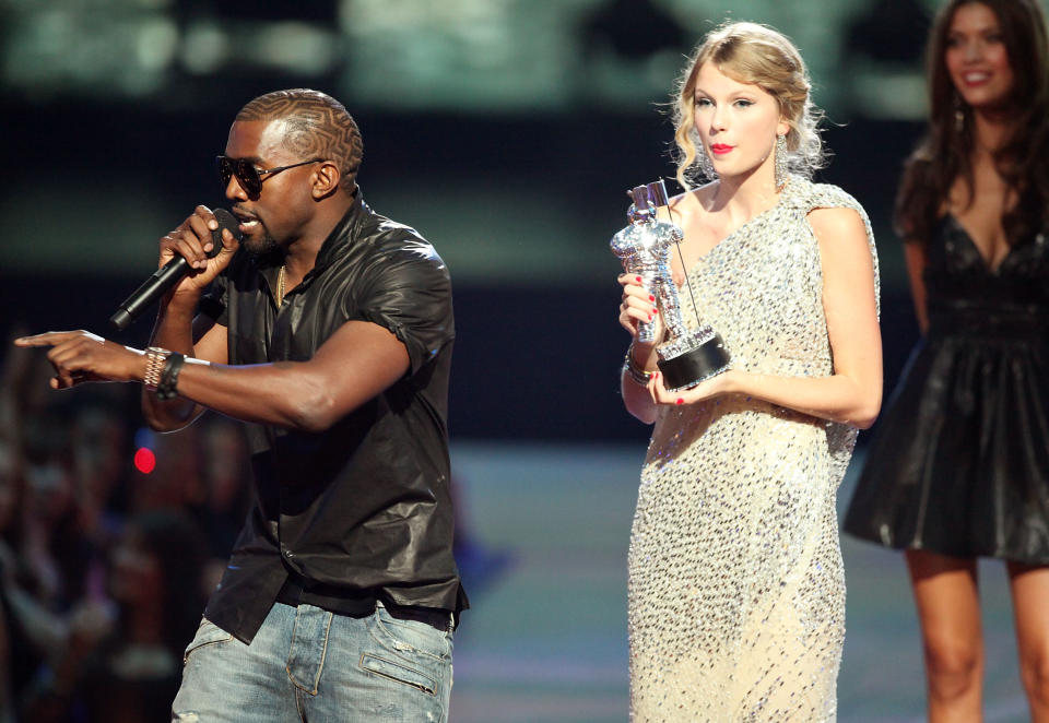 Kanye West and Taylor Swift at he 2009 MTV Video Music Awards in New York City. 