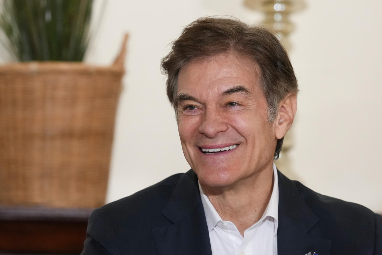 Mehmet Oz, a Republican candidate for U.S. Senate in Pennsylvania, speaks during a campaign event in Washington Crossing, Pa., Sunday, Nov. 6, 2022. (AP Photo/Matt Rourke)