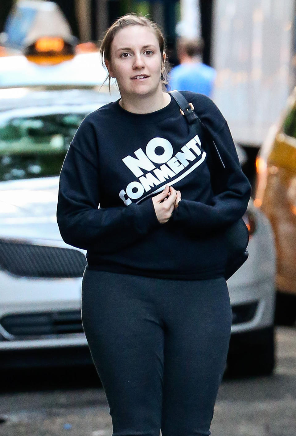 Lena Dunham was seen rocking a "No Comment" sweater while out and about in New York City on June 5.