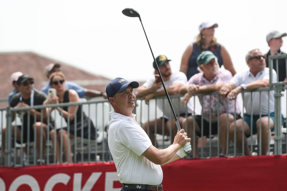 Kyle Martin of Grosse Pointe Woods tees off on No. 1 during the first round of the Rocket Mortgage Classic at Detroit Golf Club in Detroit on Thursday, June 29, 2023.