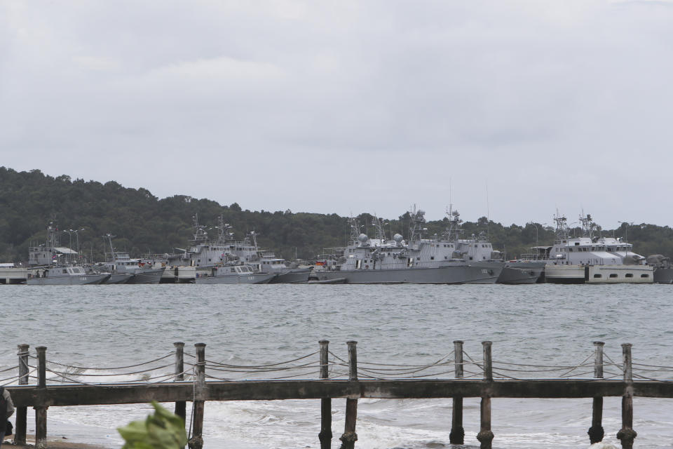 FILE - Cambodian warships are docked at Ream Naval Base in Sihanoukville, southwestern of Phnom Penh, Cambodia on July 26, 2019. Cambodian and Chinese officials will break ground this week on the expansion of a port facility that the U.S. and others have worried will be used by Beijing a naval outpost on the Gulf of Thailand, but the government again denied Tuesday that any Chinese military presence would be allowed. (AP Photo/Heng Sinith, File)