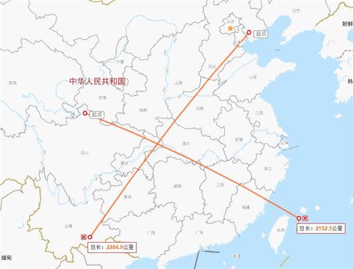 網友驚覺12日河北唐山、雲南紅河州、四川阿壩州級台灣宜蘭都發生有感地震，其地點連線交會處即是重慶巫山縣。（圖／翻攝《冷山時評》推特）