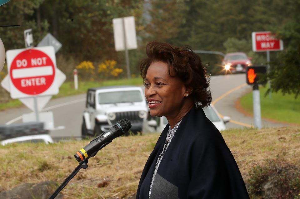 Federal Transportation Administration head Nuria Fernandez addresses those gathered for Kitsap Transit's groundbreaking for the Silverdale Transit Center off of Ridgetop Boulevard on Thursday.