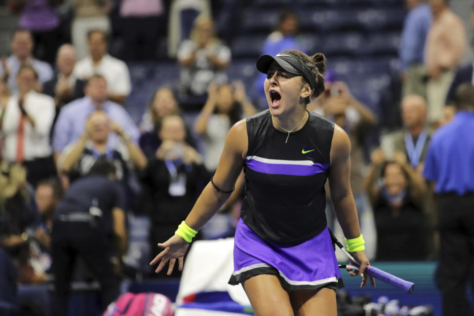 FILE - In this Sept. 5, 2019, file photo, Bianca Andreescu, of Canada, reacts after defeating Belinda Bencic, of Switzerland, during the semifinals of the U.S. Open tennis championships in New York. Reigning U.S. Open champion Bianca Andreescu has pulled out of the Grand Slam tournament. She says the coronavirus pandemic prevented her from properly preparing for competition. (AP Photo/Charles Krupa, File)